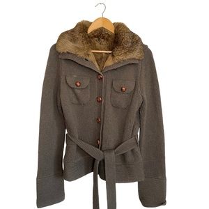 Ruehl No. 925 Fur Trimmed Wool Sweater Cardigan Jacket with Belt Size Large